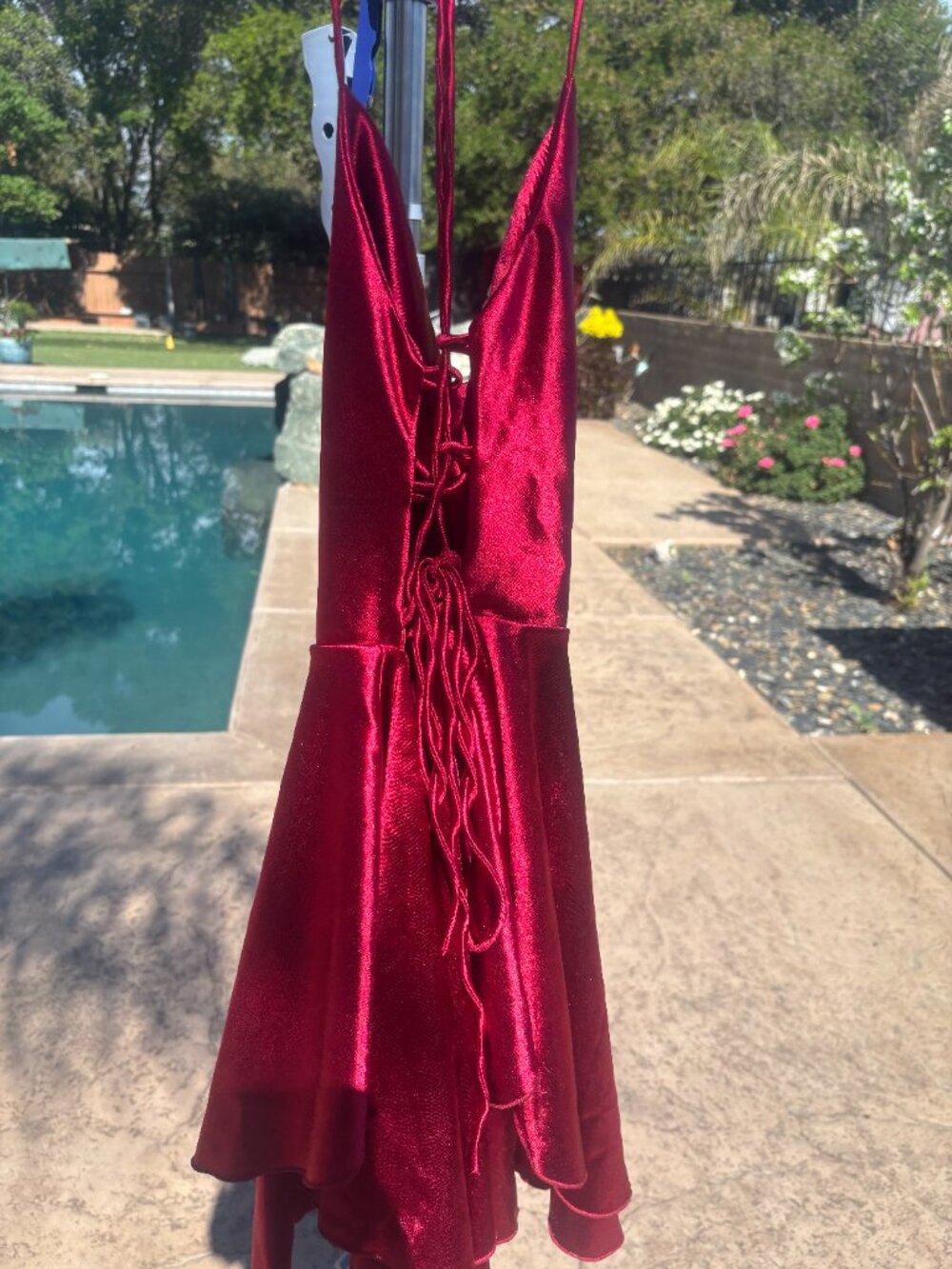 Red Satin Lace-Up Corset Back Dress Gently Used - Picture 3 of 3